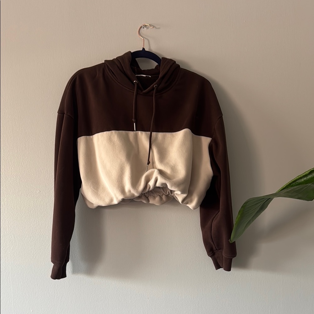 Garage Brown and Cream Cropped Hoodie Sweatshirt